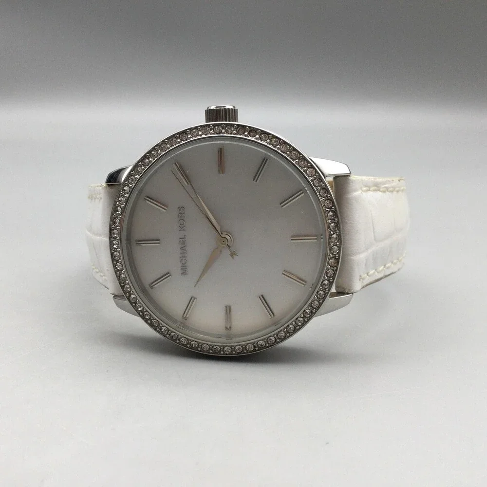 Michael Kors Womens Watch 35mm MOP Dial Crystal Leather MK-2168 New Battery